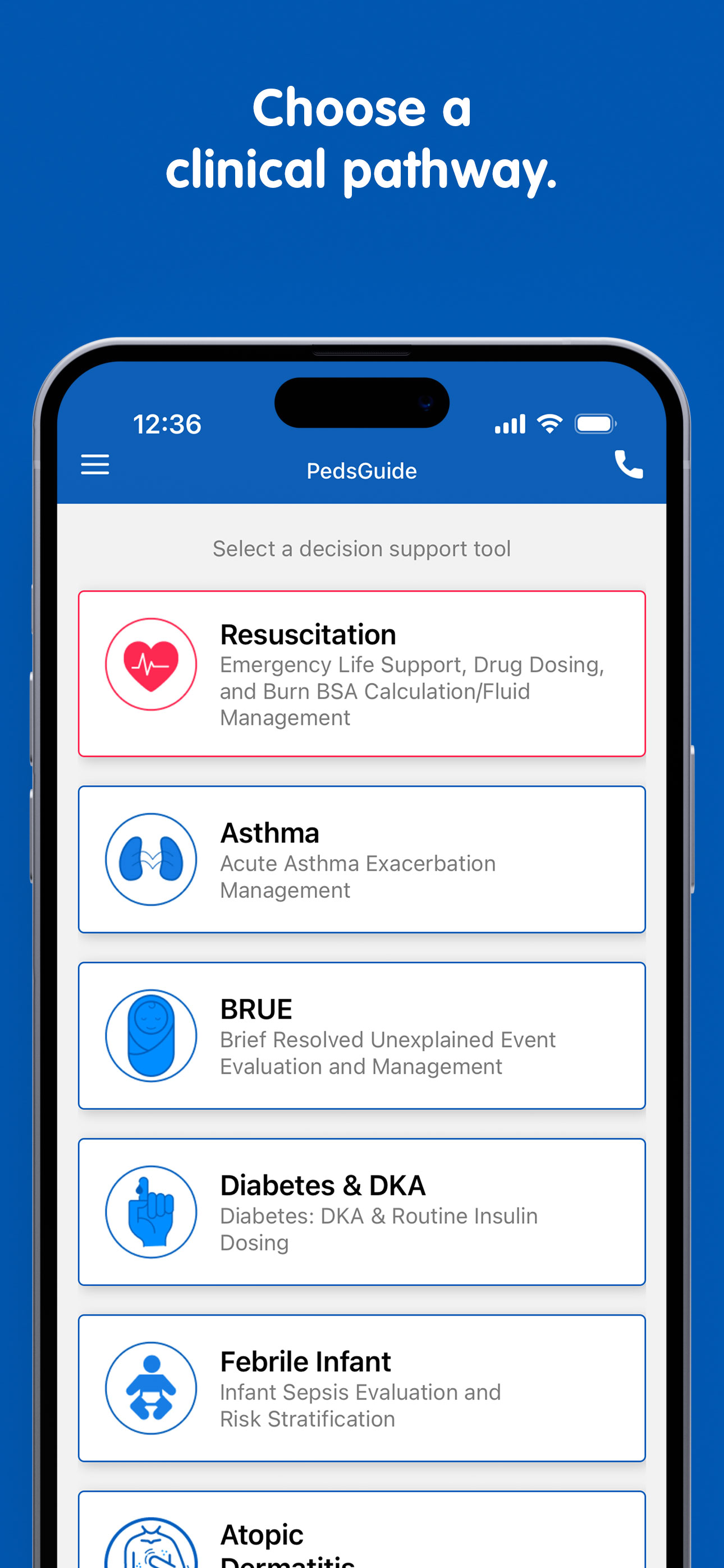 PedsGuide App "choose a decision support path" screen