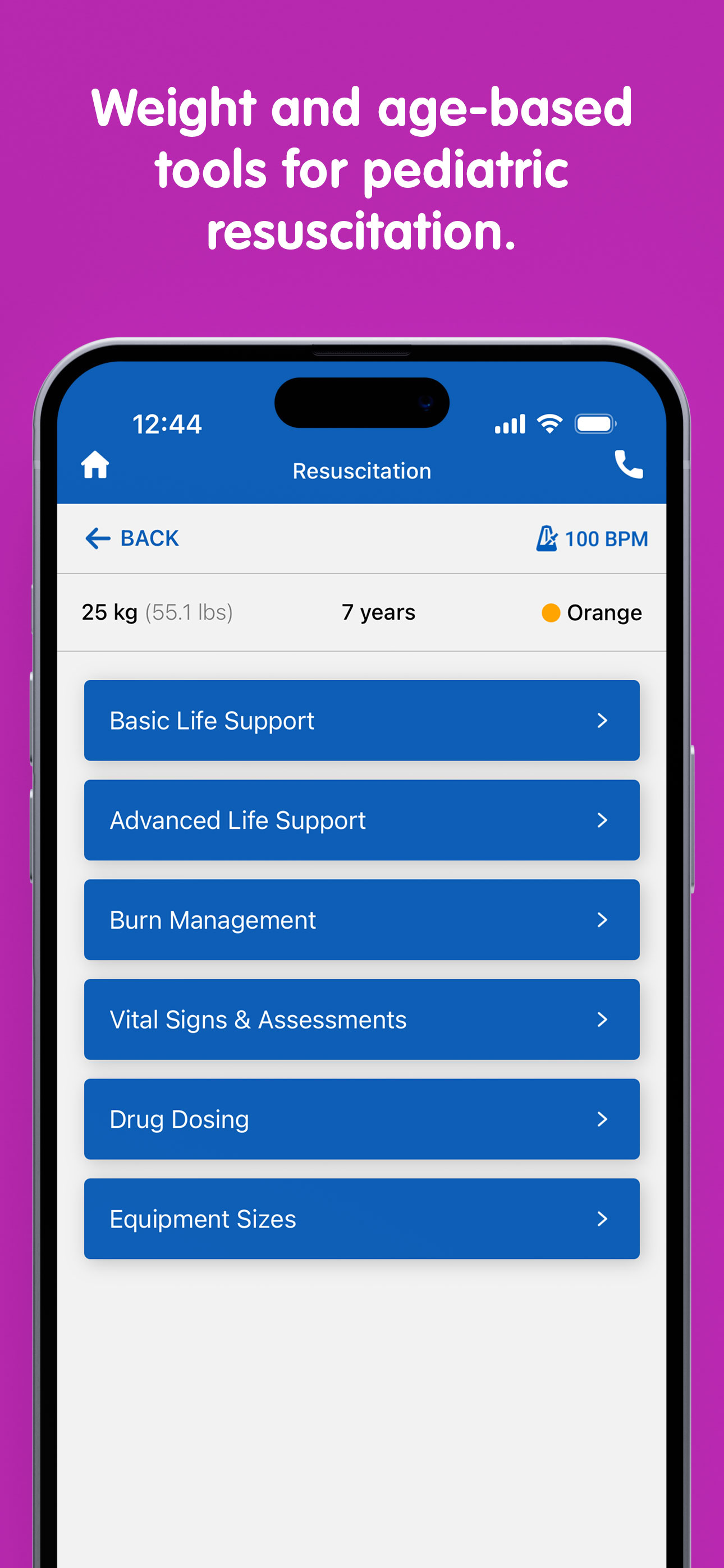 PedsGuide App "choose age/weight specific resuscitation decision support" screen