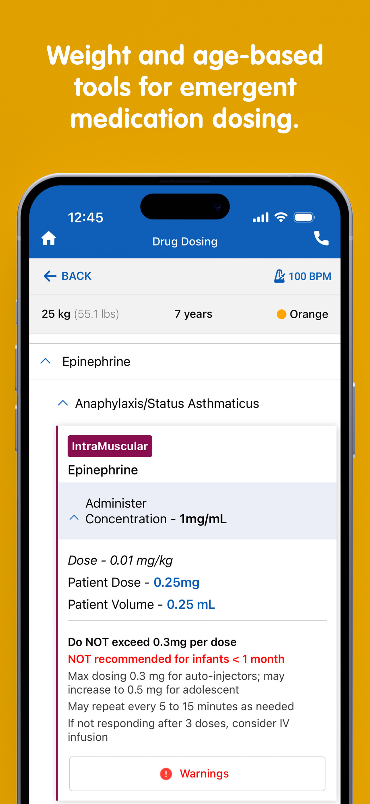 PedsGuide App "access age/weight specific drug  dosing decision support" screen