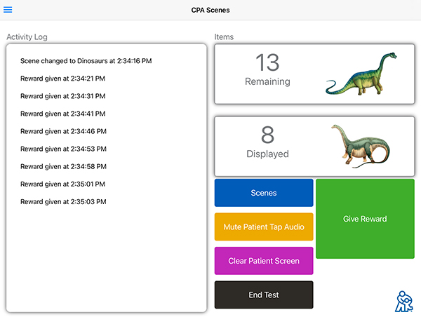 HearPlay screen showing the activity log and items for CPA scenes.