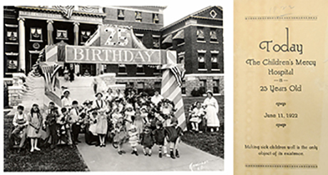 This is a photo of the hospital's 25th anniversary celebration on the lawn of the 1720 Independence Ave. location and a program from that event on June 11, 1922.