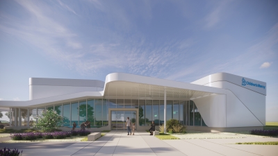 A rendering showing the entrance to Children's Mercy Wichita, opening in Summer 2026.