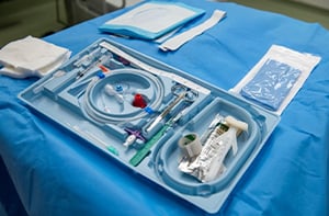 PICC line supplies on top of a medical cart at Children's MErcy.