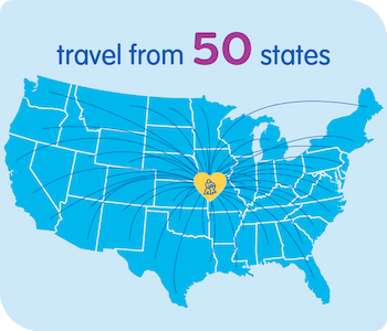 Map of the United States with the Children's Mercy logo over the border of Missouri and Kansas. The logo has multiple lines branching from it to other states. Text reads, "travel from 50 states."