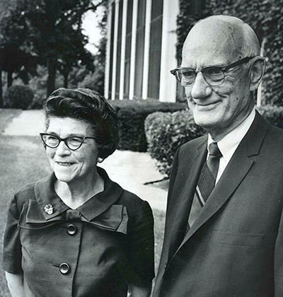 Black and white photo of Elizabeth and Joyce hall smiling.