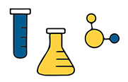 Illustrated test tube, beaker and molecule