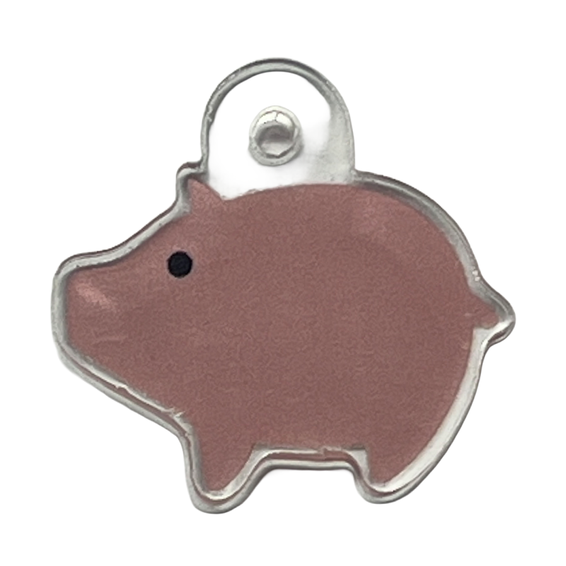 Acrylic cham with a pink piggy back icon.