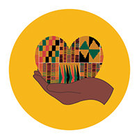 Illustration of a brown hand holding a heart with a Kente design inside the heart.