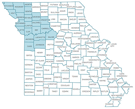 Map of counties in Missouri with 21 colored in blue to show the counties that one must live in to receive a safe sleep kit.