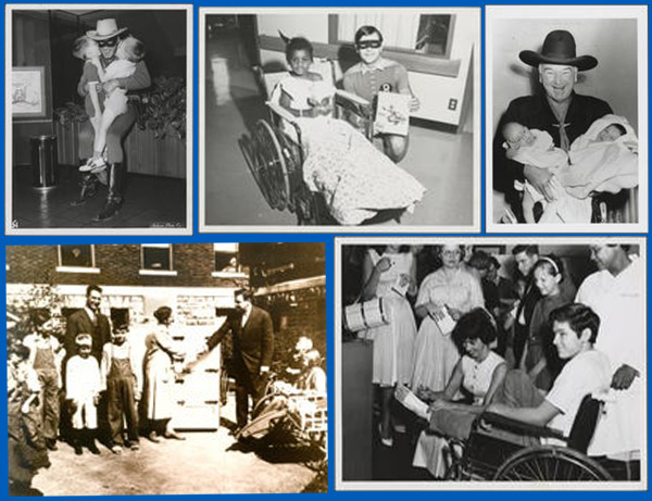 Photo collage of celebrities visiting patients at Children's Mercy: (Clockwise from top left) The Lone Ranger, Robin (of Batman and Robin), Hopalong Cassidy, Carol Burnett, Babe Ruth and Lou Gehrig .