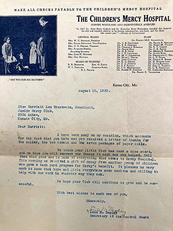 Photo of a thank-you letter from 1935 from the secretary of the Central Board thanking a young girl whose Junior Mercy Club collected $1, two towels and seven sets of paper dolls for the Children’s Mercy Hospital.