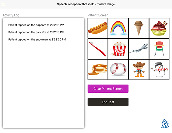 HearPlay screen showing the activity log and patient screen for the twelve image speech reception threshold (SRT).