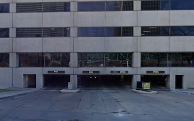 The entrance to the Crown Center parking garage at Pershing and McGee in Kansas City, Missouri