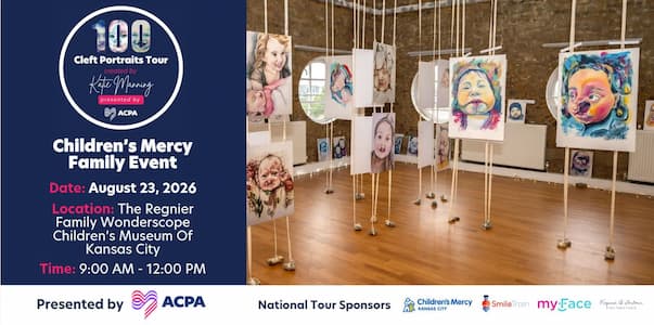 Invitation for the Children’s Mercy Family Event featuring the “100 Cleft Portraits Tour.” Event details include August 23, 2026, from 9:00 AM to 12:00 PM at The Regnier Family Wonderscope Children’s Museum of Kansas City. 