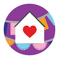 House icon with read heart in the center and papel picados in the background.