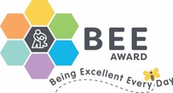 Colorful hexagons and a Children's Mercy dancing child logo. Text reads: BEE Award. Being Excellent Every Day.