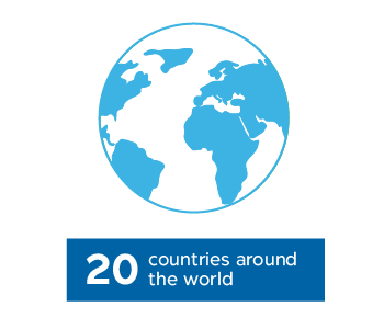 An image of a globe with text reading "20 countries around the world"