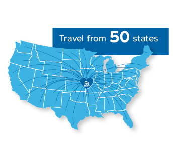An image of the continental U.S. with a heart over Kansas City and text reading "travel from 50 states"