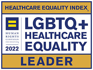 Logo that reads, "Healthcare Equality Index, Human Rights Campaign Foundation 2020, LGBTQ Healthcare Equality Leader."