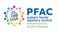 Graphic of four hands reaching for a heart and the words: PFAC patient family advisory council INFLAMMATORY BOWEL DISEASE