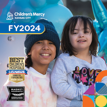 Cover of the Fast Fact FY 2022 PDF. There is a young patient smiling with two award badges: U.S. News World & Report for Best Children's Hospitals and American Nurses Credentialing Center for Magnet Recognized.