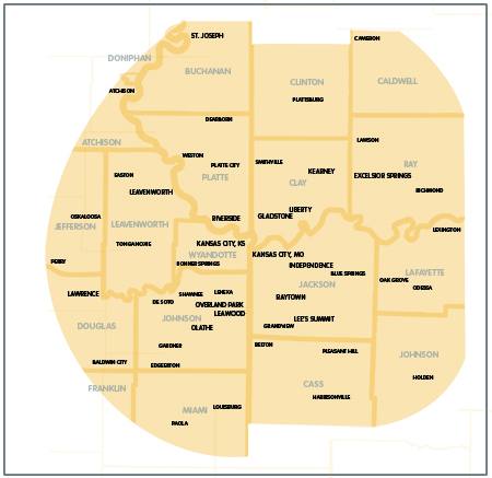 Home Care service area map at Children's Mercy.