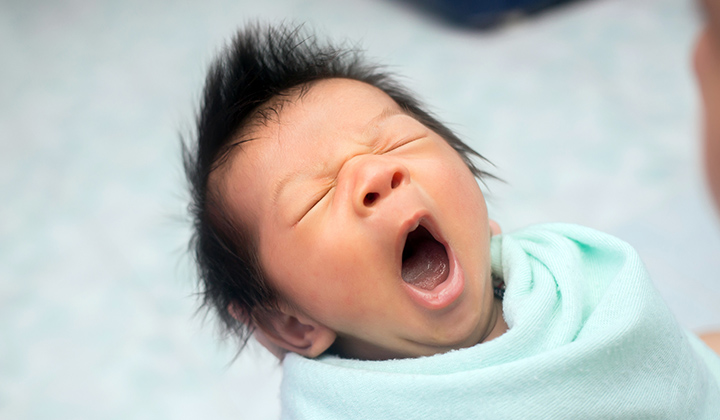 Newborn baby wrapped in a swaddle and yawning.