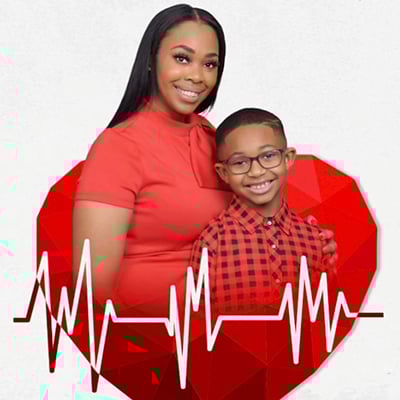 A graphic shows a mom and son, both dressed in red, smiling at the camera with a geometric heart shape behind them and a heart monitor line running over the foreground.