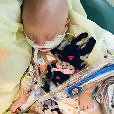 An infant lies in a hospital bed with medical tubes and monitoring equipment, holding a small stuffed toy.