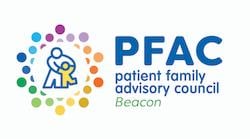 Graphic of four hands reaching for a heart and the words: PFAC patient family advisory council BEACON