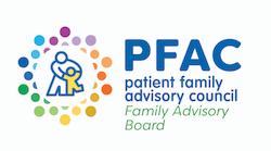 Graphic of four hands reaching for a heart and the words: PFAC patient family advisory council FAMILY ADVISORY BOARD