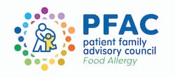 Graphic of four hands reaching for a heart and the words: PFAC patient family advisory council FOOD ALLERGY