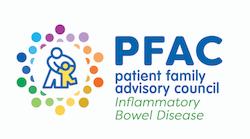 Graphic of four hands reaching for a heart and the words: PFAC patient family advisory council INFLAMMATORY BOWEL DISEASE