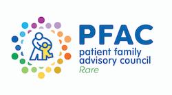 Graphic of four hands reaching for a heart and the words: PFAC patient family advisory council RARE