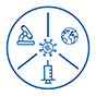 Emerging Infections icon: microscope, hypodermic needle and globe surrounding a microbe.