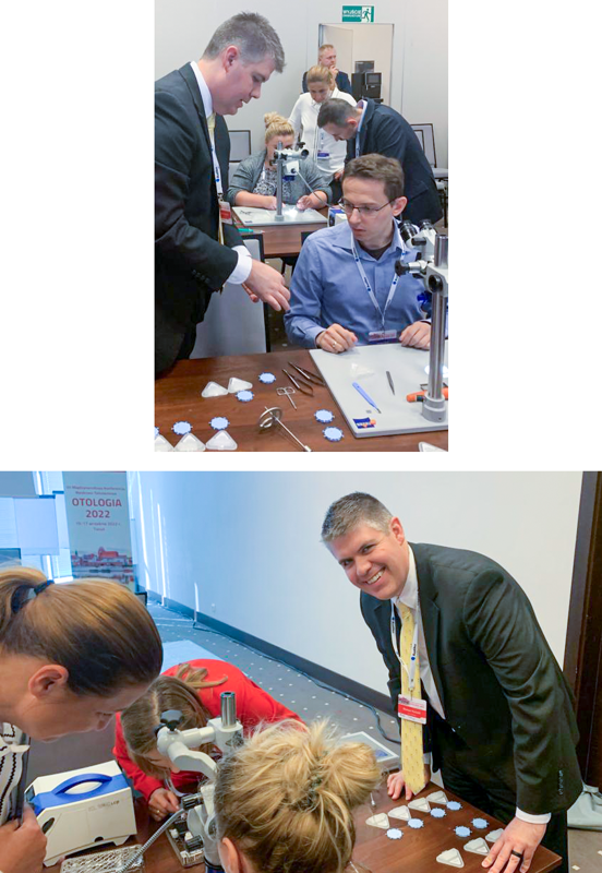 Dr. Puricelli teaching ossiculoplasty at a course in Europe. In the bottom photo, he stands, smiling at the camera while people work at a table. In the top photo, he shows a young man something while the young man sits at a table with a microscope and some tools.